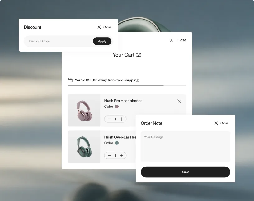 Modal cart with discount and order note